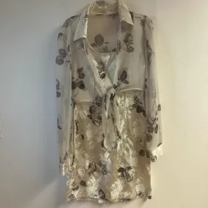 Vintage 90s floral sheer satin tie front 2 piece dress with neutral colors
