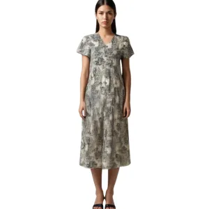 Vintage beige tan blue floral button front short sleeve maxi dress
