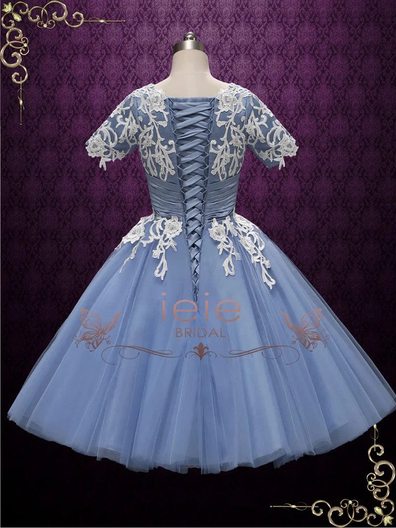 Vintage Blue Short Sleeves Wedding Dress | Cassie