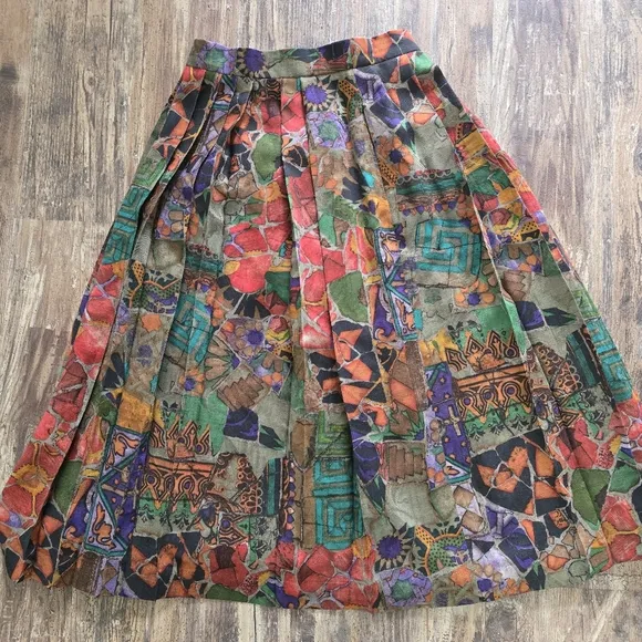 Vintage Geiger Ladies Print Pleated Wool Lined Skirt Size 36 Purple Brown Midi
