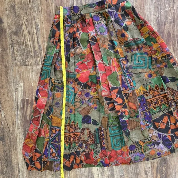 Vintage Geiger Ladies Print Pleated Wool Lined Skirt Size 36 Purple Brown Midi