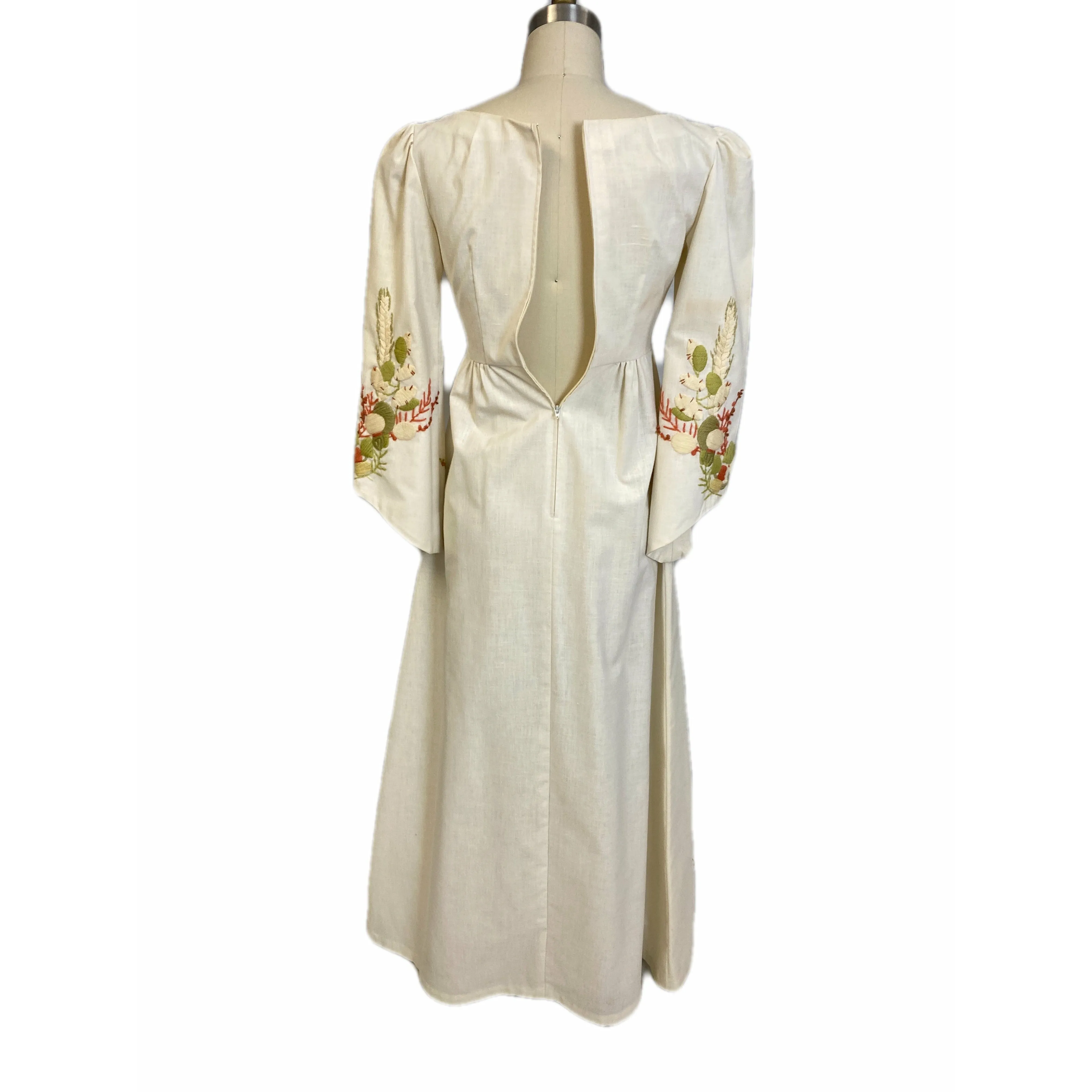 Vintage Linen Maxi Dress Gown Embroidered Mushrooms 1970s Empire Waist S