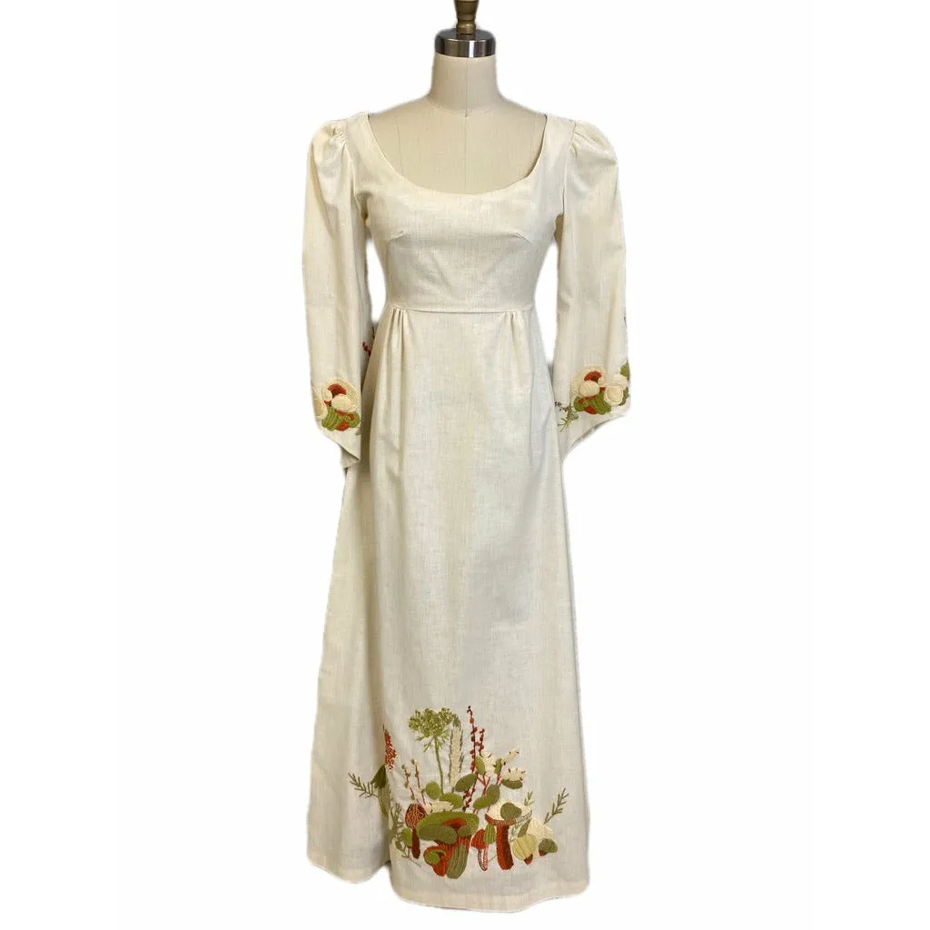 Vintage Linen Maxi Dress Gown Embroidered Mushrooms 1970s Empire Waist S
