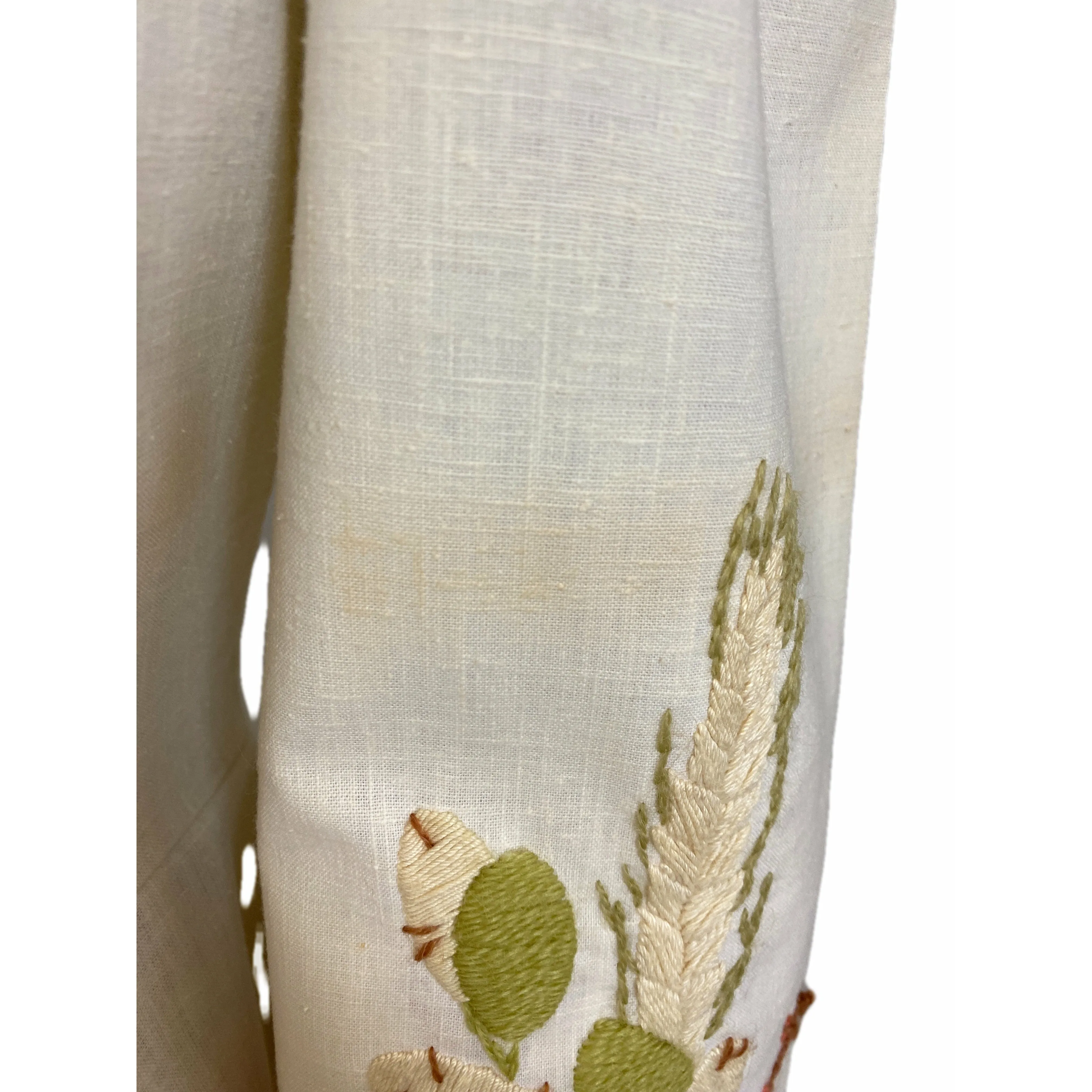 Vintage Linen Maxi Dress Gown Embroidered Mushrooms 1970s Empire Waist S
