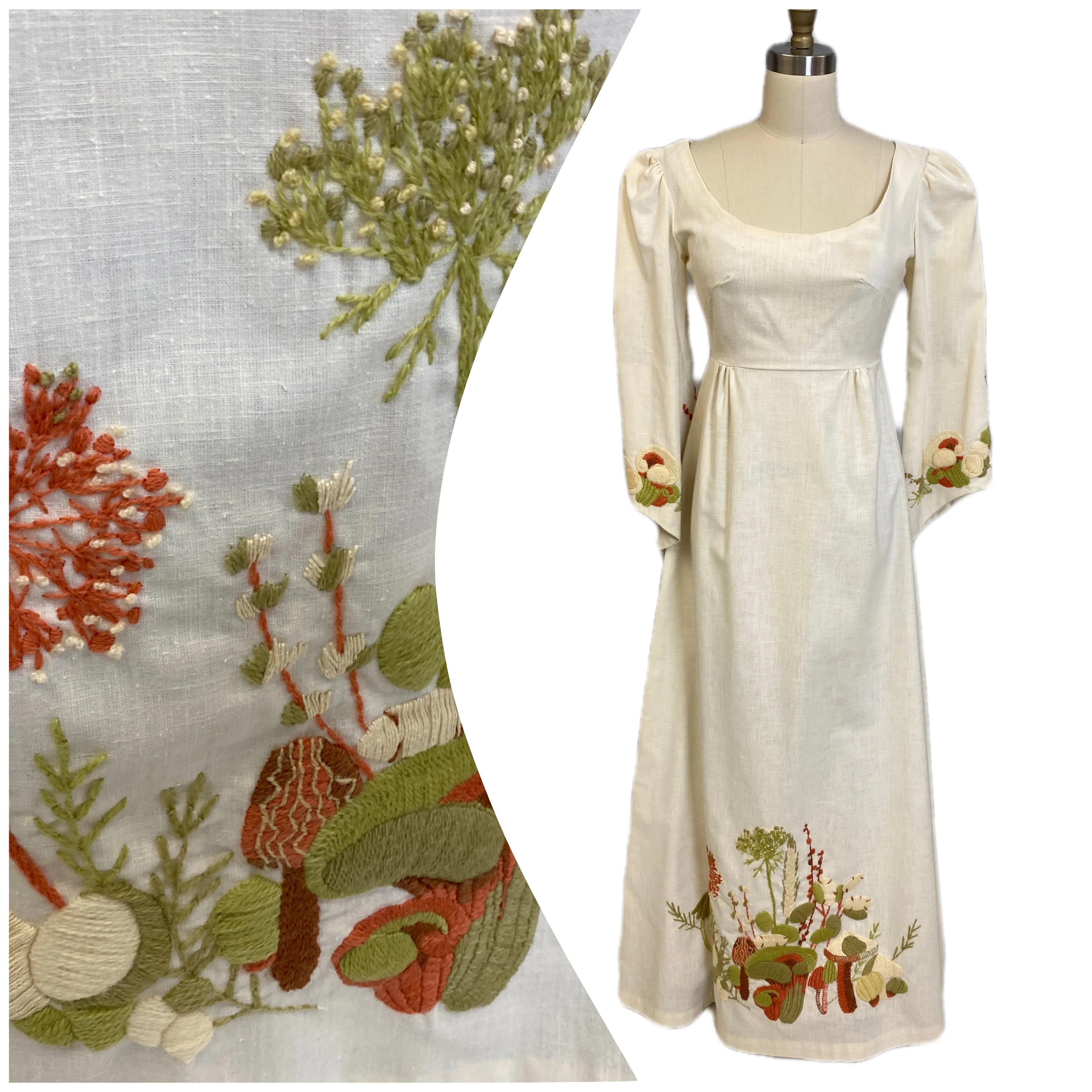 Vintage Linen Maxi Dress Gown Embroidered Mushrooms 1970s Empire Waist S