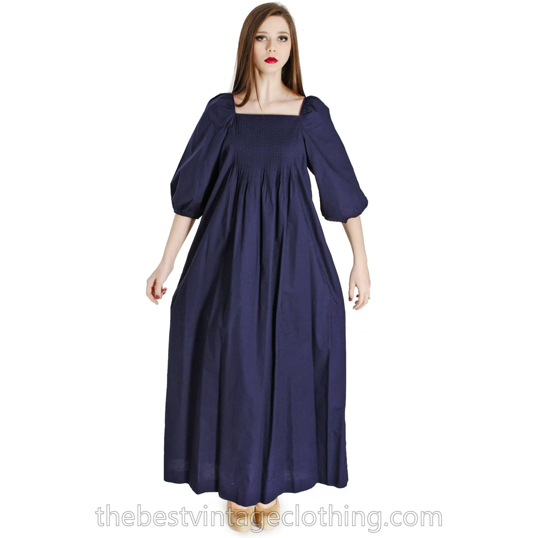 Vintage Marimekko Suomi Finland 1970s Sapphire Blue Cotton Maxi Dress Blue M