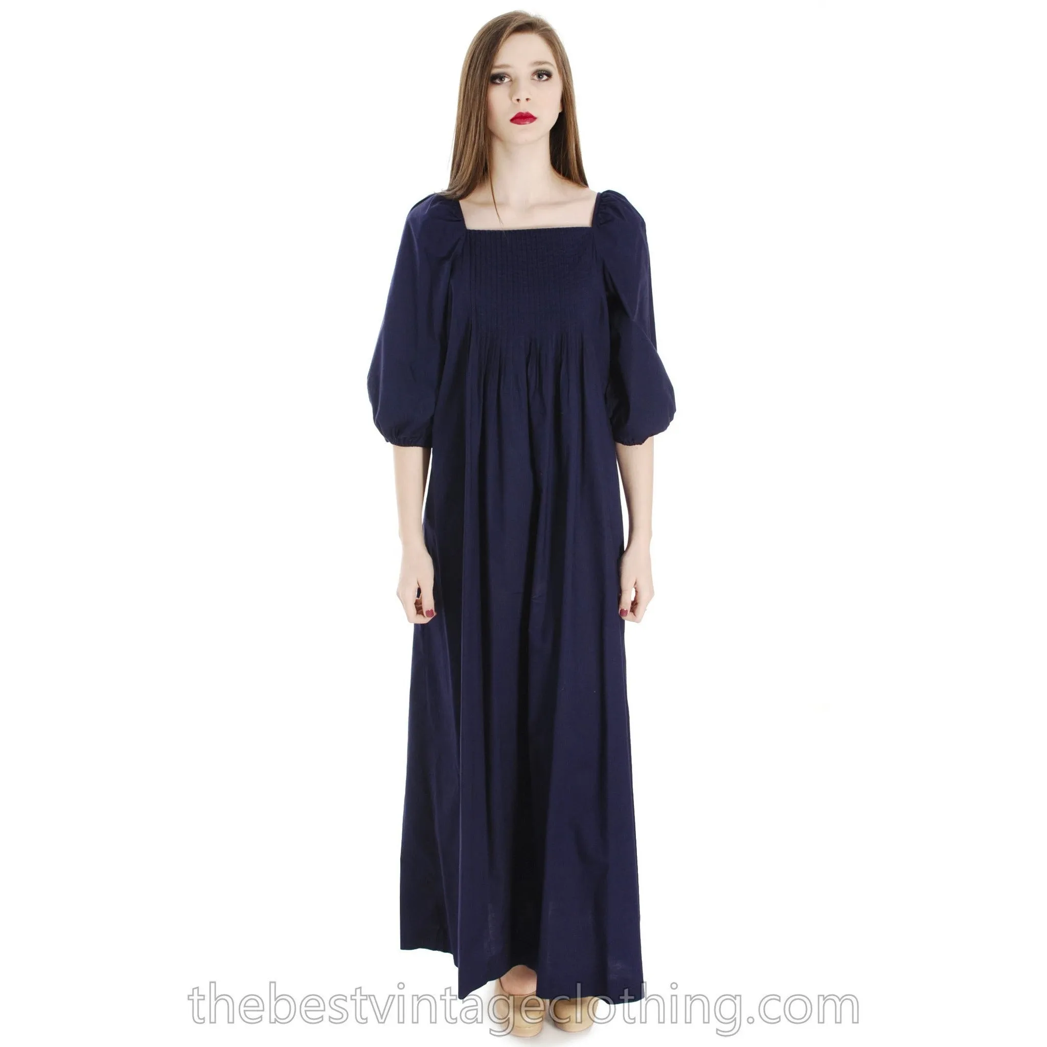 Vintage Marimekko Suomi Finland 1970s Sapphire Blue Cotton Maxi Dress Blue M