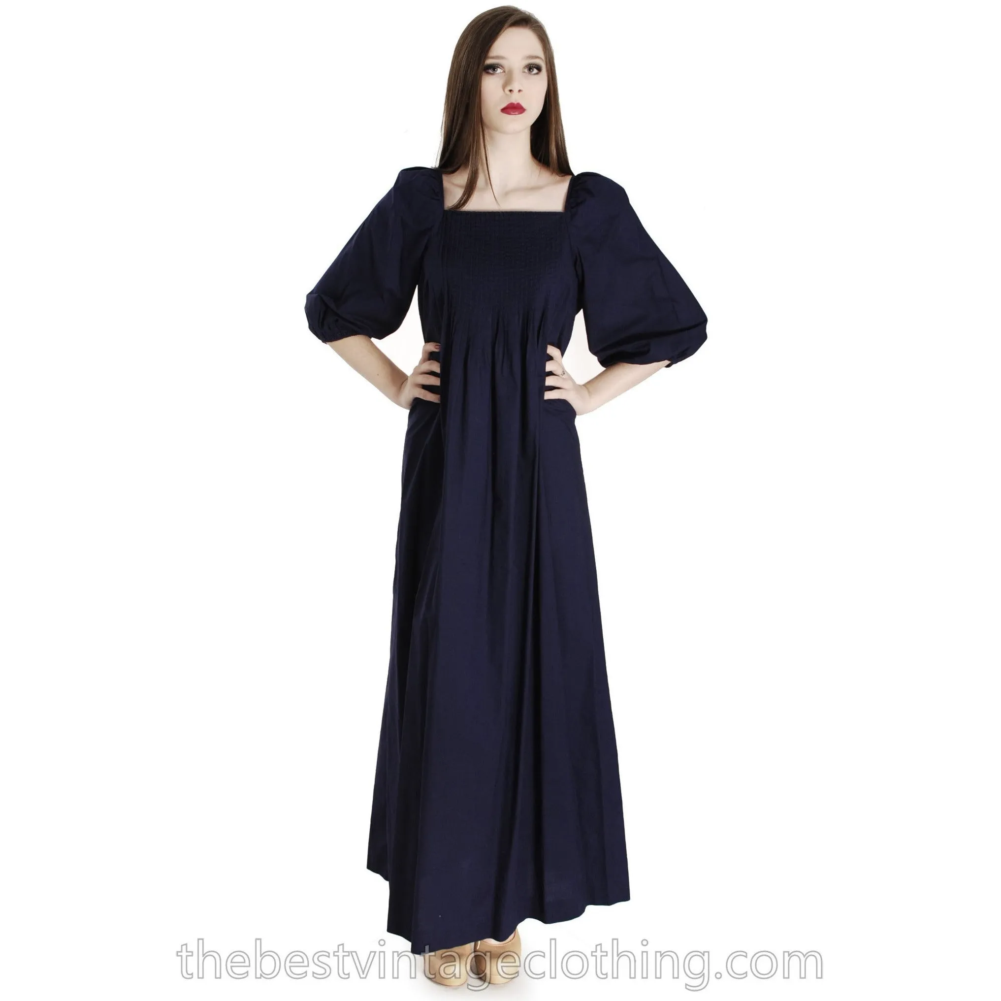 Vintage Marimekko Suomi Finland 1970s Sapphire Blue Cotton Maxi Dress Blue M