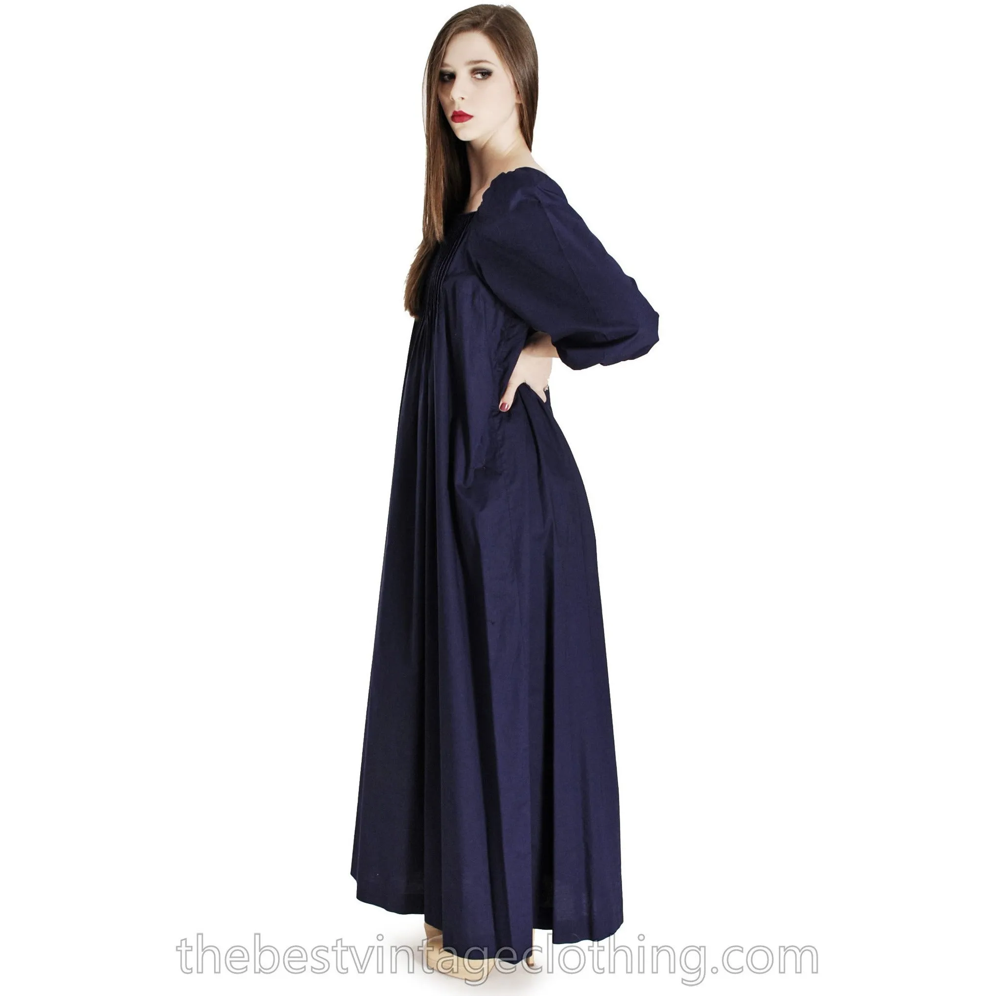 Vintage Marimekko Suomi Finland 1970s Sapphire Blue Cotton Maxi Dress Blue M