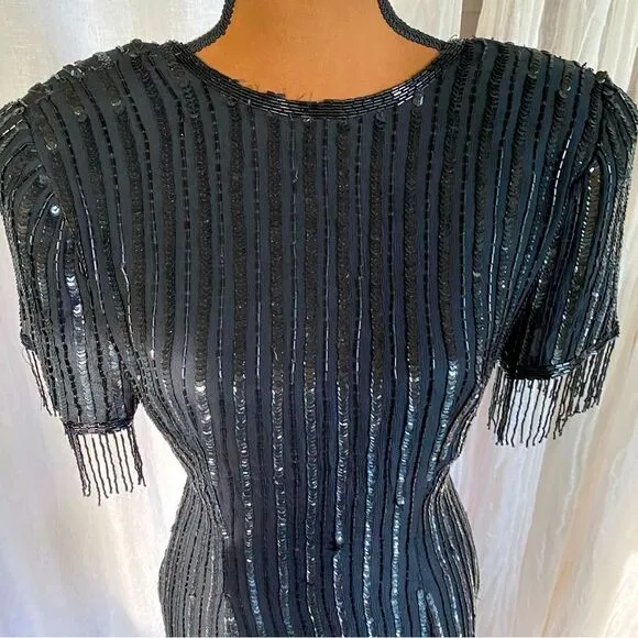 Vintage Silk Beaded Sequin Fringe Dress