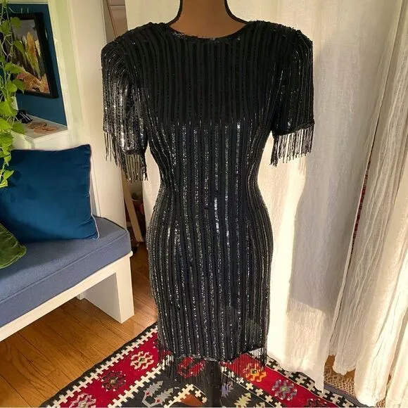 Vintage Silk Beaded Sequin Fringe Dress
