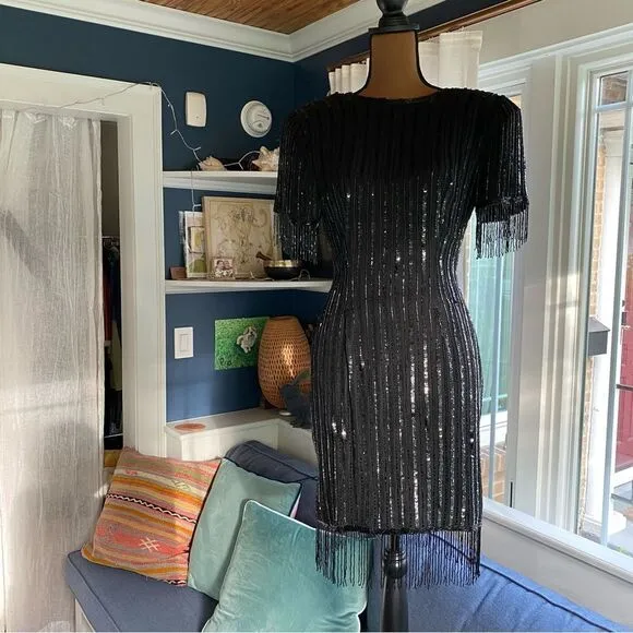 Vintage Silk Beaded Sequin Fringe Dress