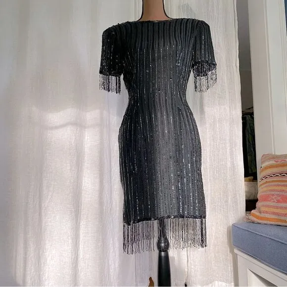 Vintage Silk Beaded Sequin Fringe Dress