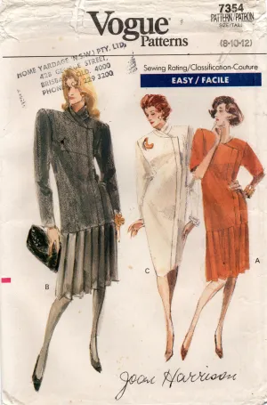 Vogue 7354 Womens Asymmetric Dress with Pleats 1980s Vintage Sewing Pattern Size 8 - 12 UNCUT Factory Folded