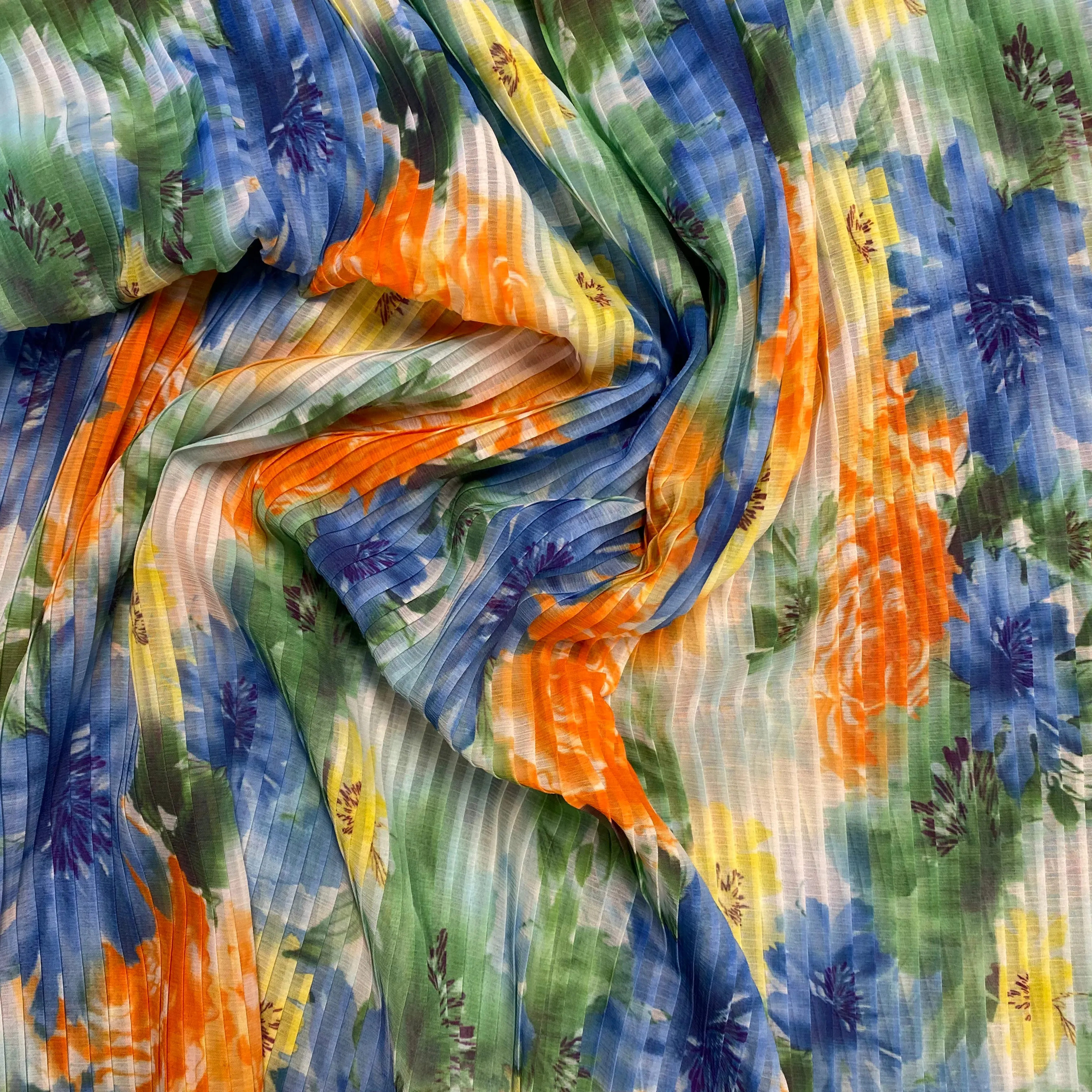 Watercolour Flower Plisse (Pre Pleated Fabric) - Blue