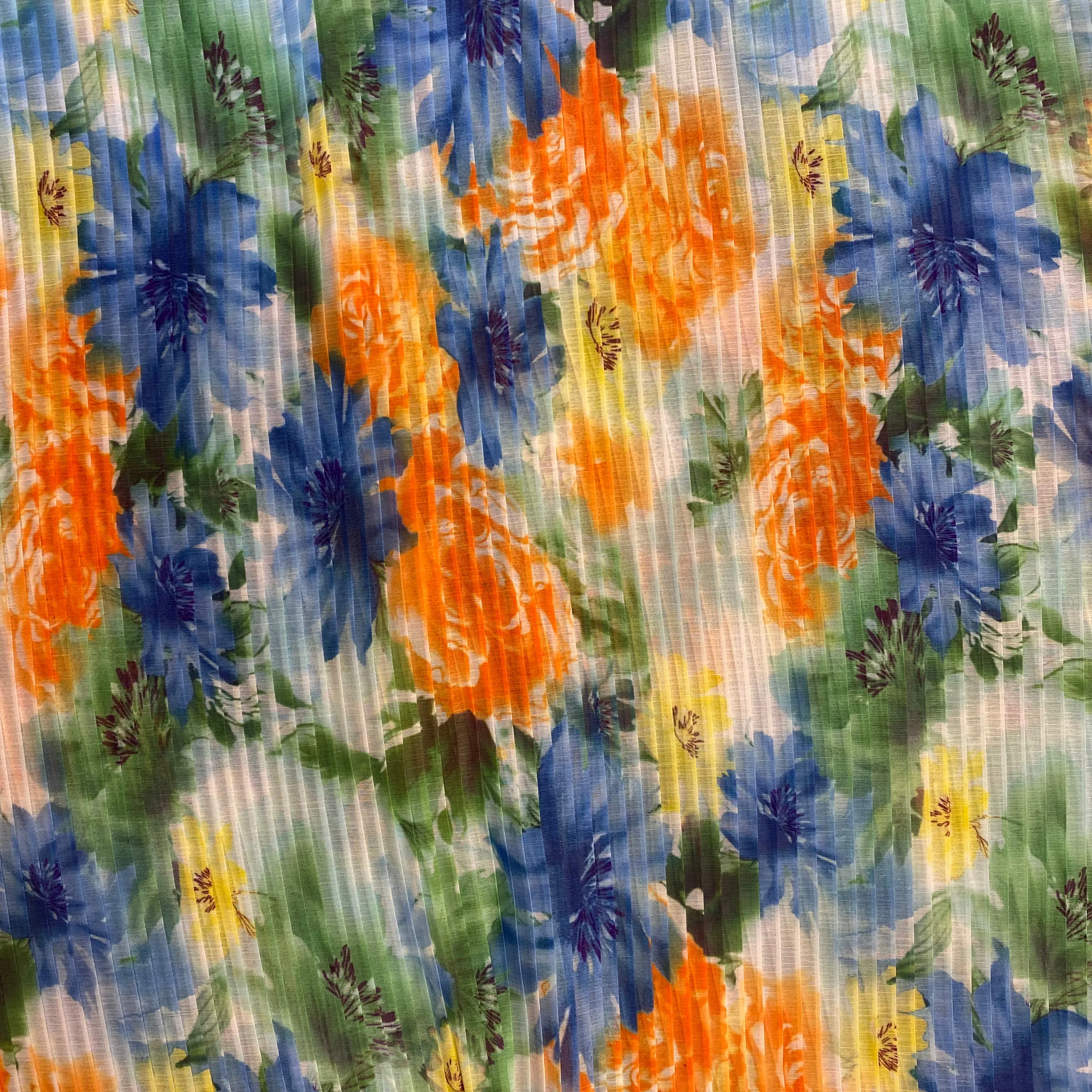 Watercolour Flower Plisse (Pre Pleated Fabric) - Blue