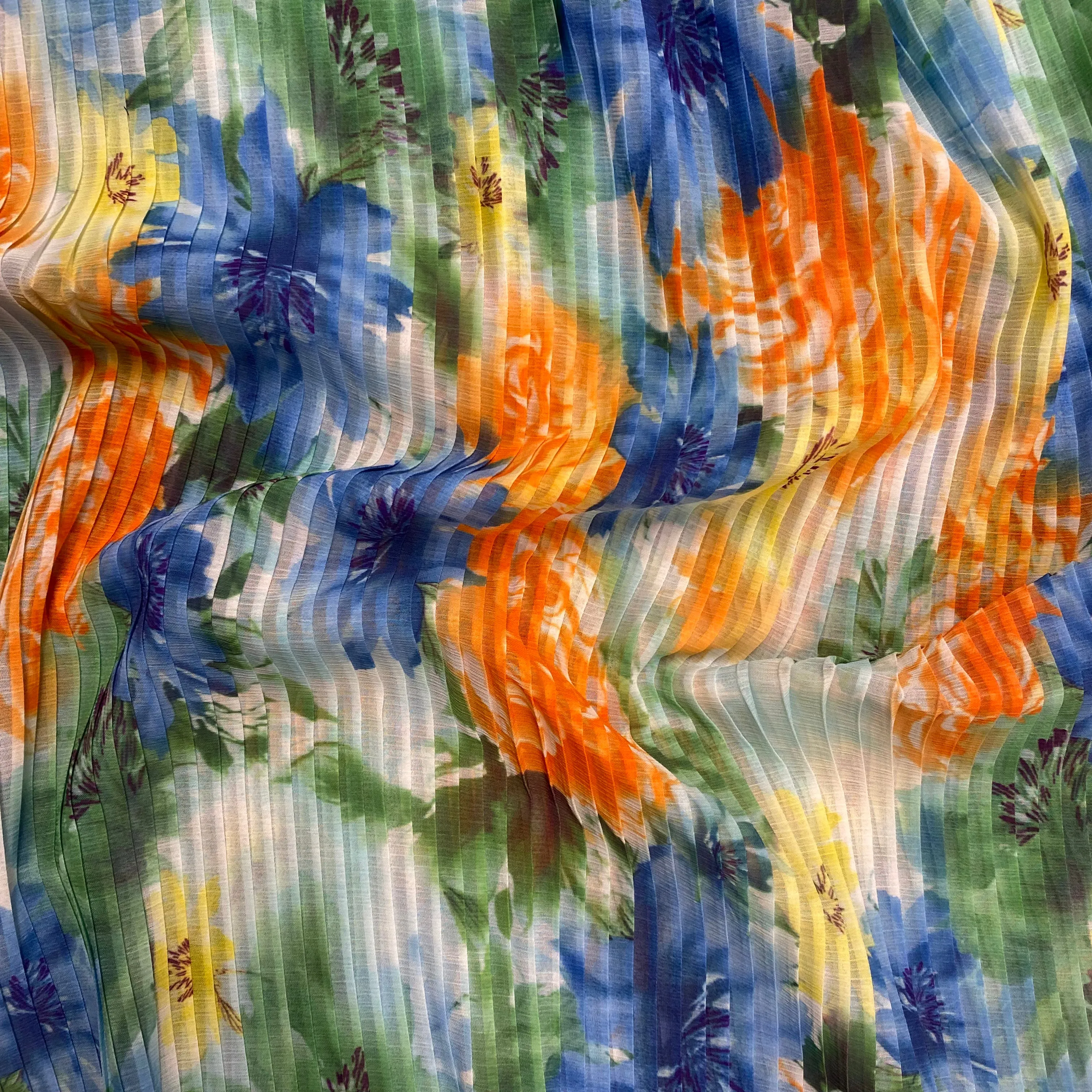 Watercolour Flower Plisse (Pre Pleated Fabric) - Blue