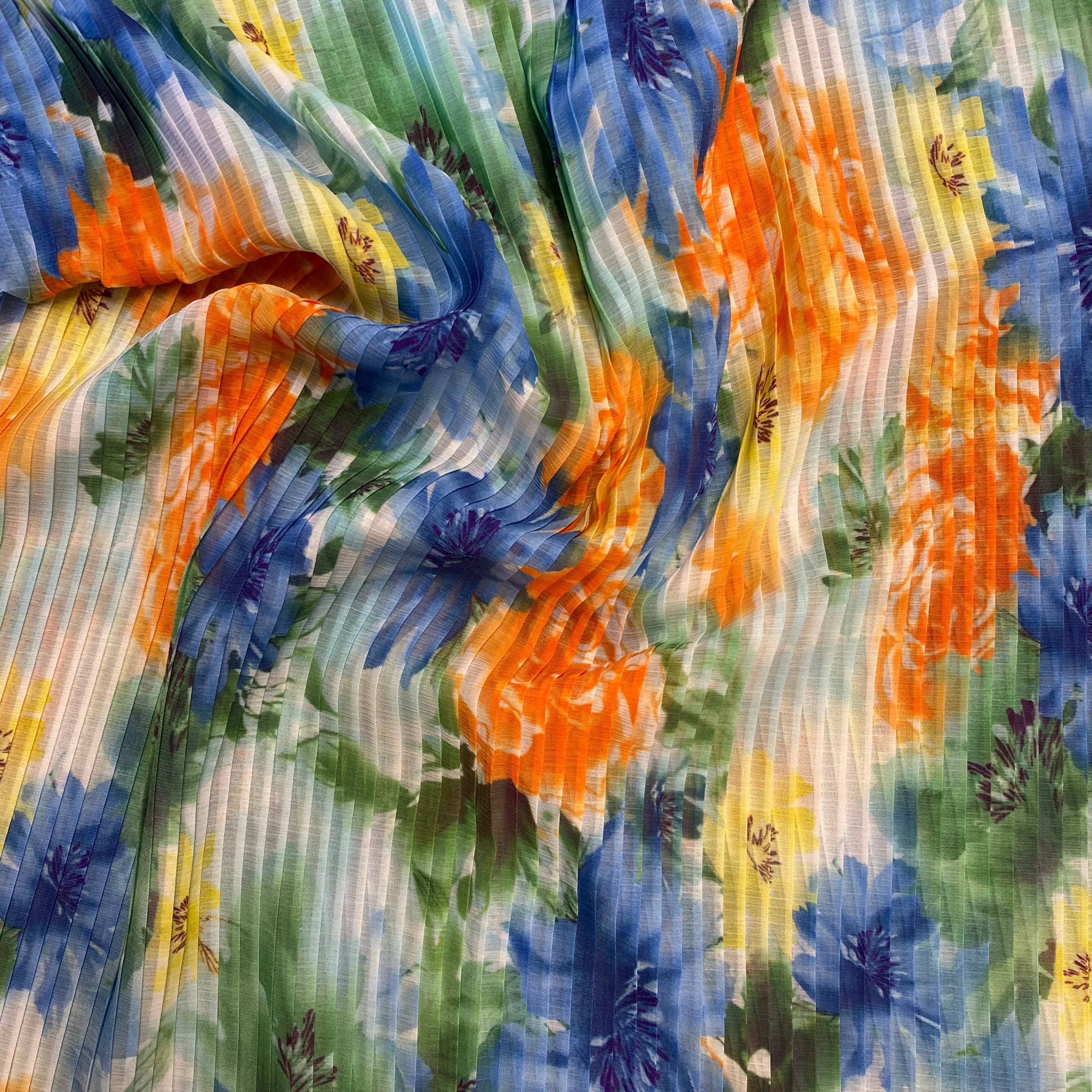 Watercolour Flower Plisse (Pre Pleated Fabric) - Blue