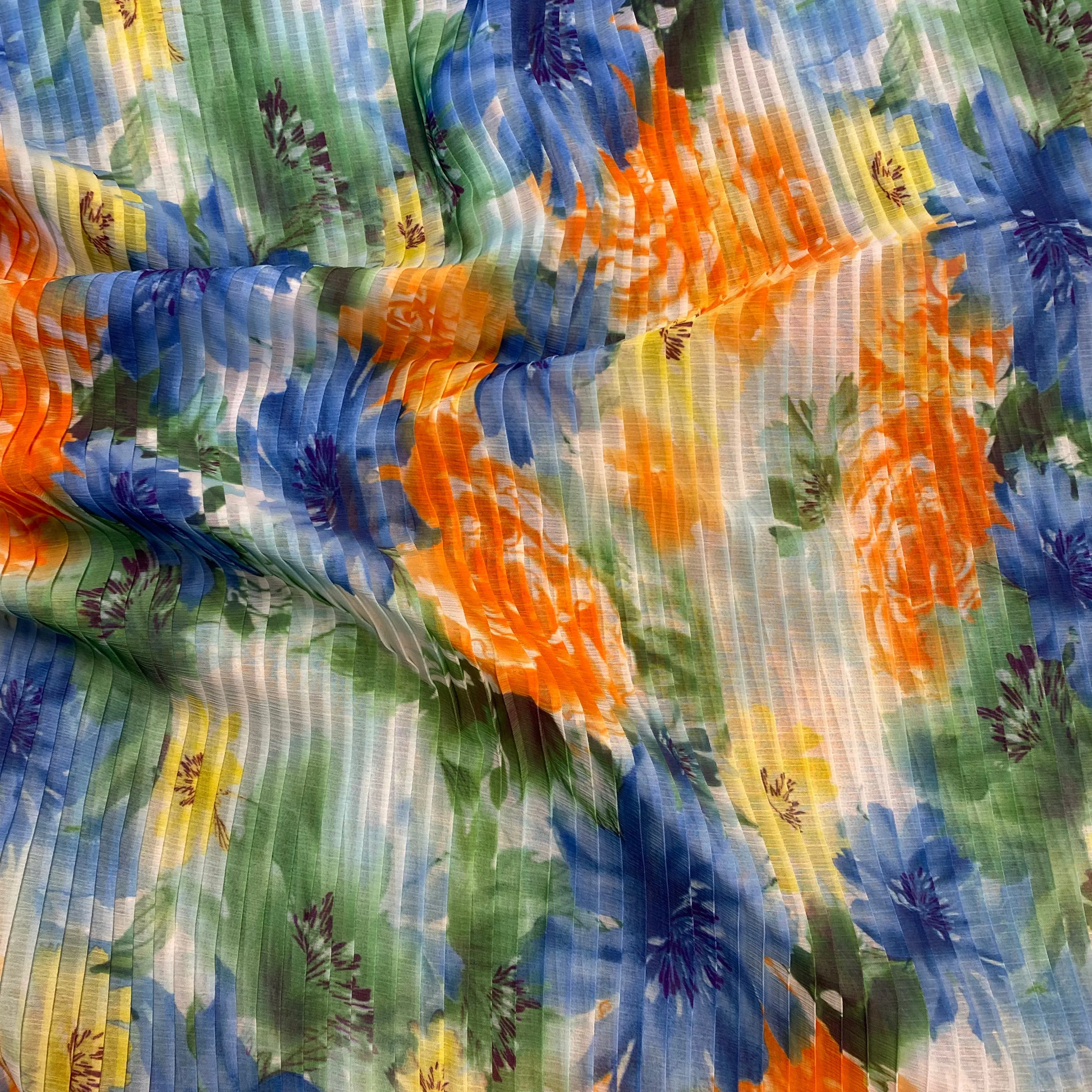 Watercolour Flower Plisse (Pre Pleated Fabric) - Blue