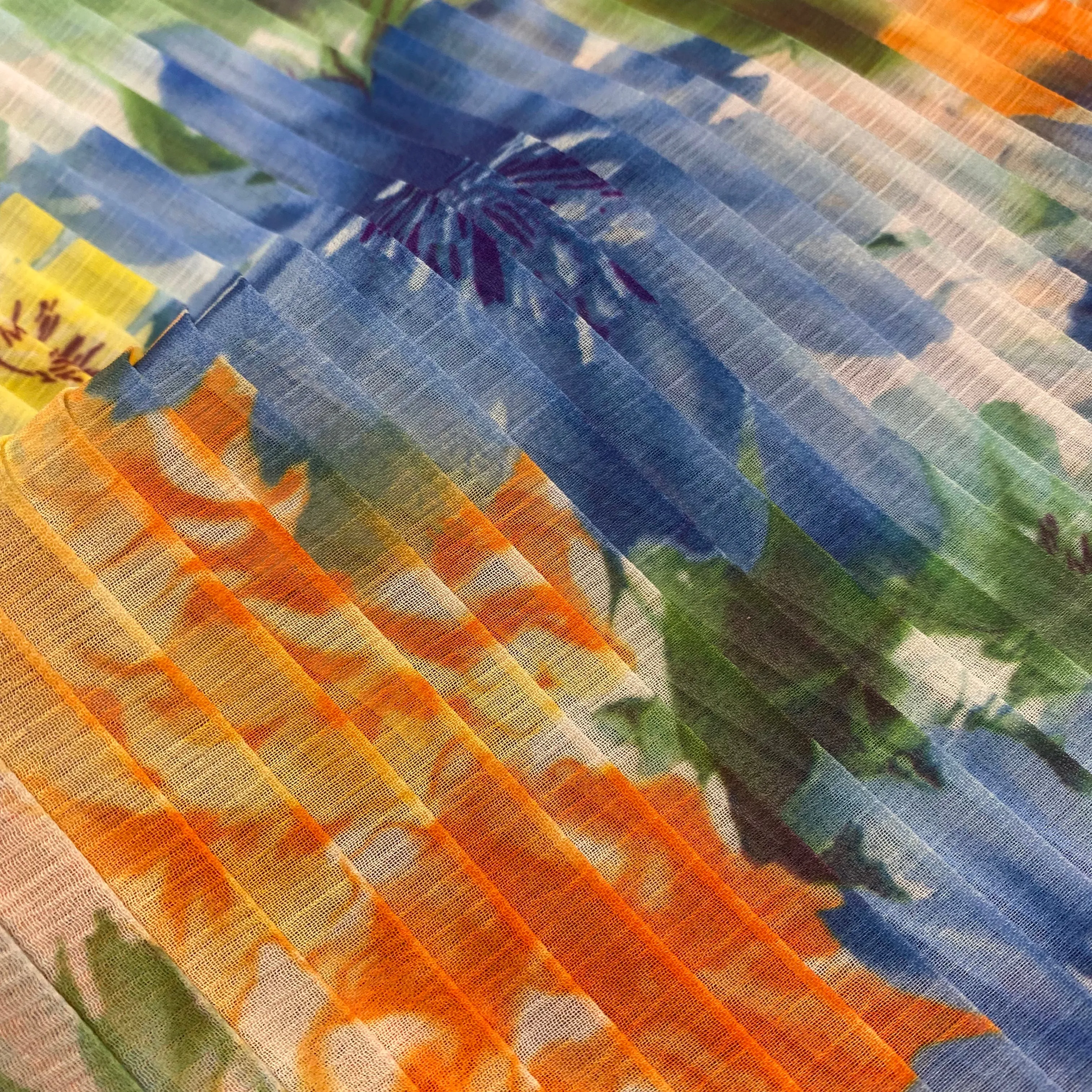 Watercolour Flower Plisse (Pre Pleated Fabric) - Blue