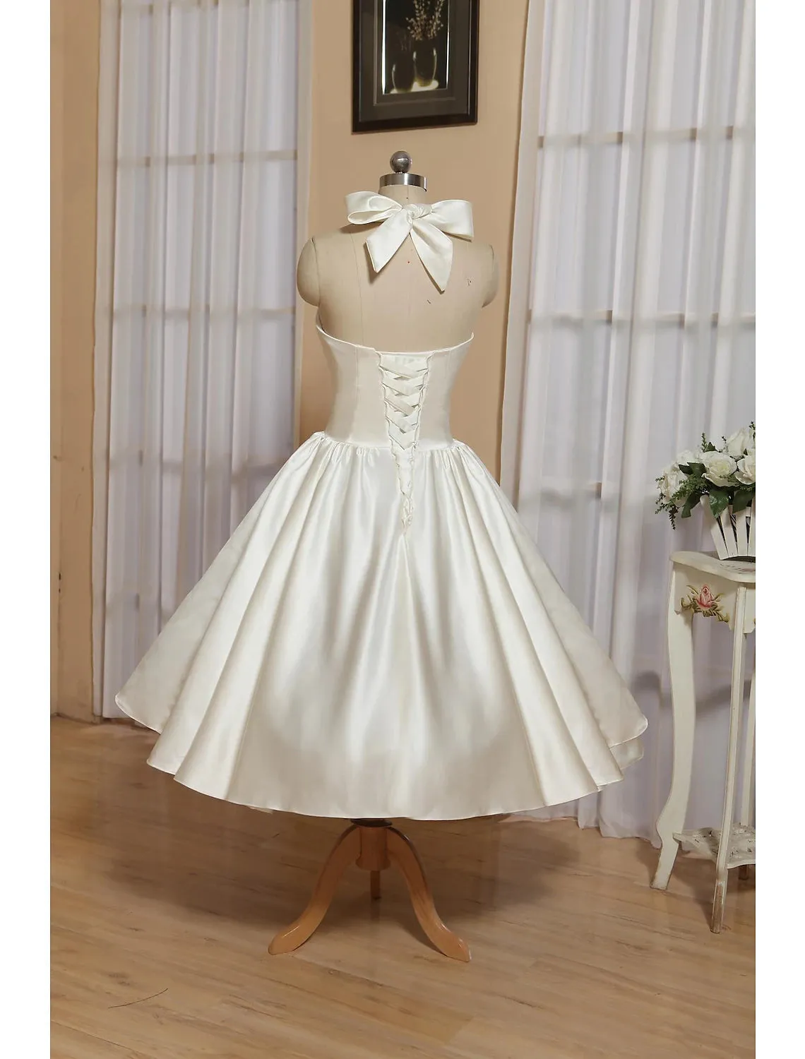 White A-Line Halter Sleeveless Tea Length Satin Bridal Gowns With Bow(s) Pleats