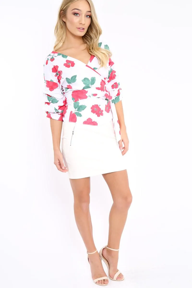 White & Red Floral Print Ruffle Sleeve Wrapover Top - Susie