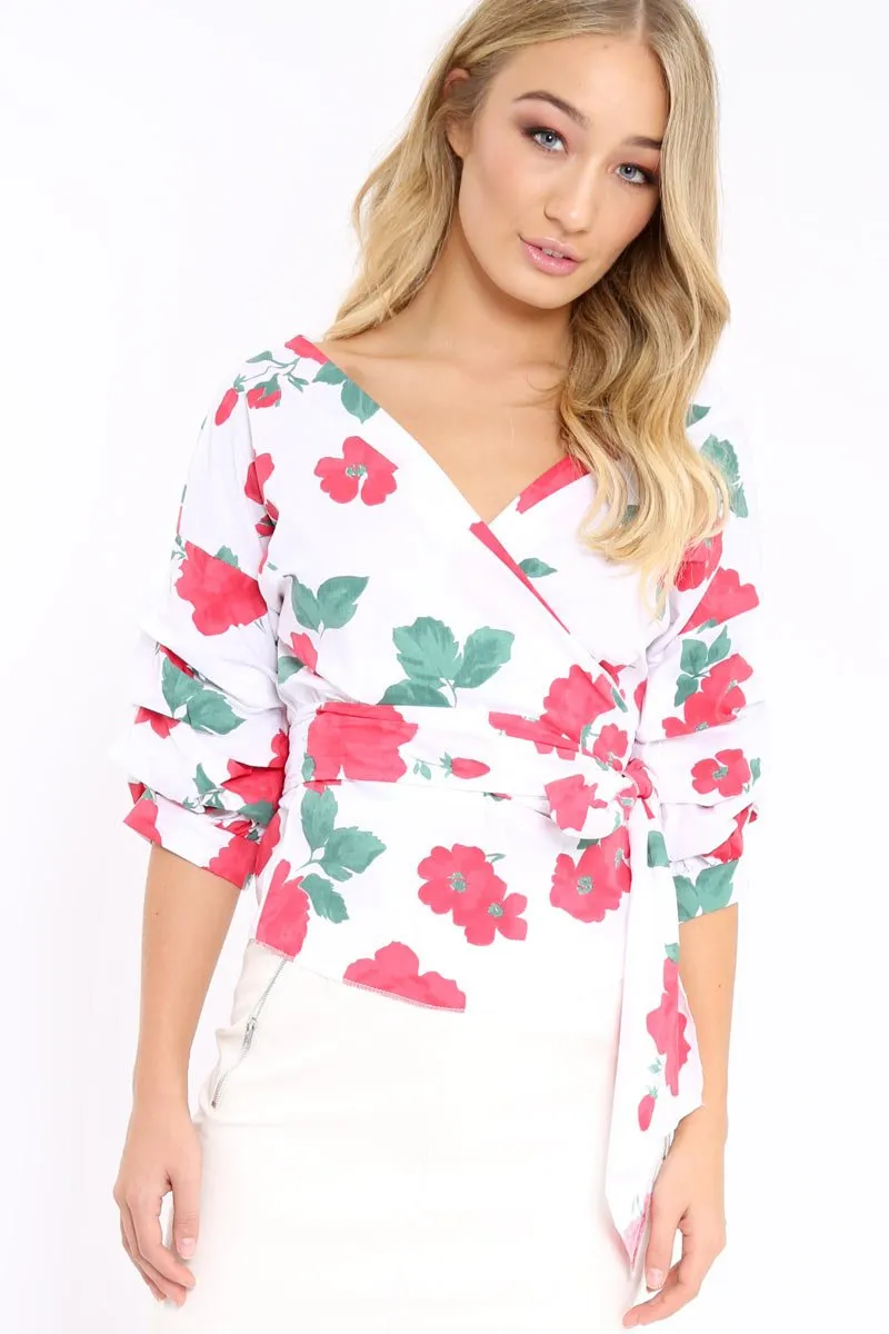 White & Red Floral Print Ruffle Sleeve Wrapover Top - Susie
