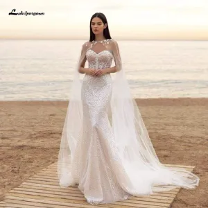 White Luxury Wedding Gowns Deep V-neck Elegant Women Satin