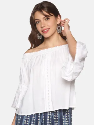 White Off Shoulder Bell Sleeves Top with Lace Inserts