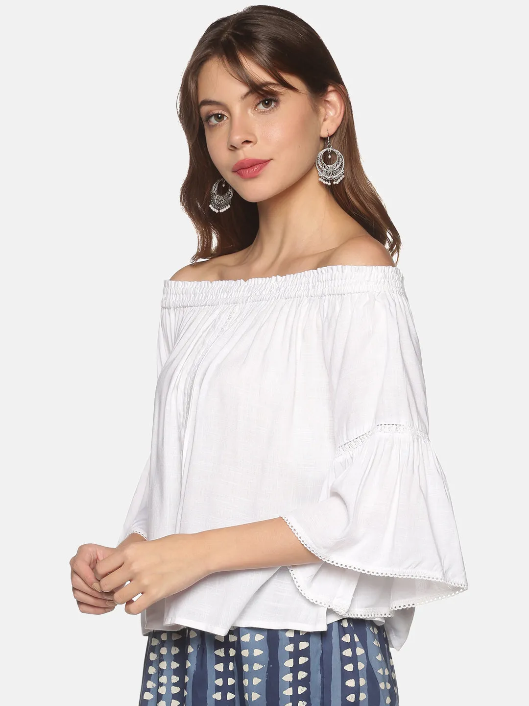White Off Shoulder Bell Sleeves Top with Lace Inserts