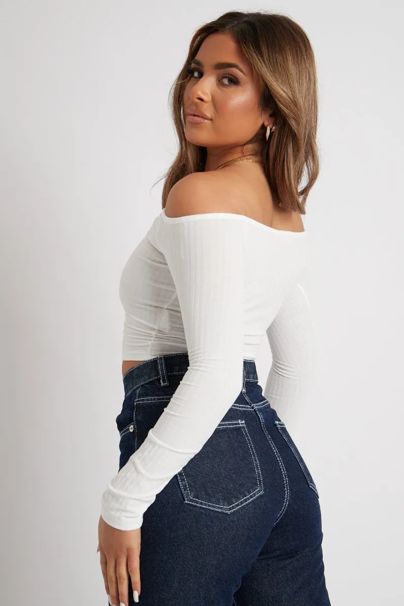 White Off the Shoulder Long Sleeve Ruched Crop Top - Kali