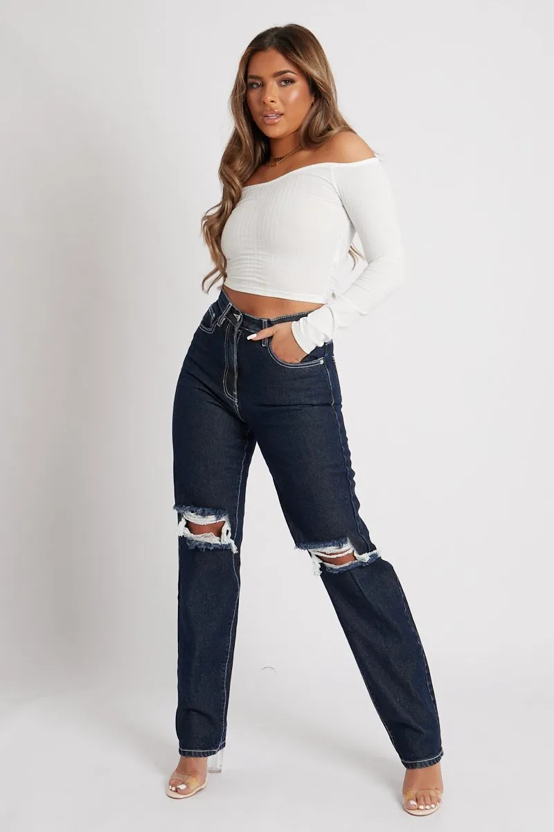 White Off the Shoulder Long Sleeve Ruched Crop Top - Kali