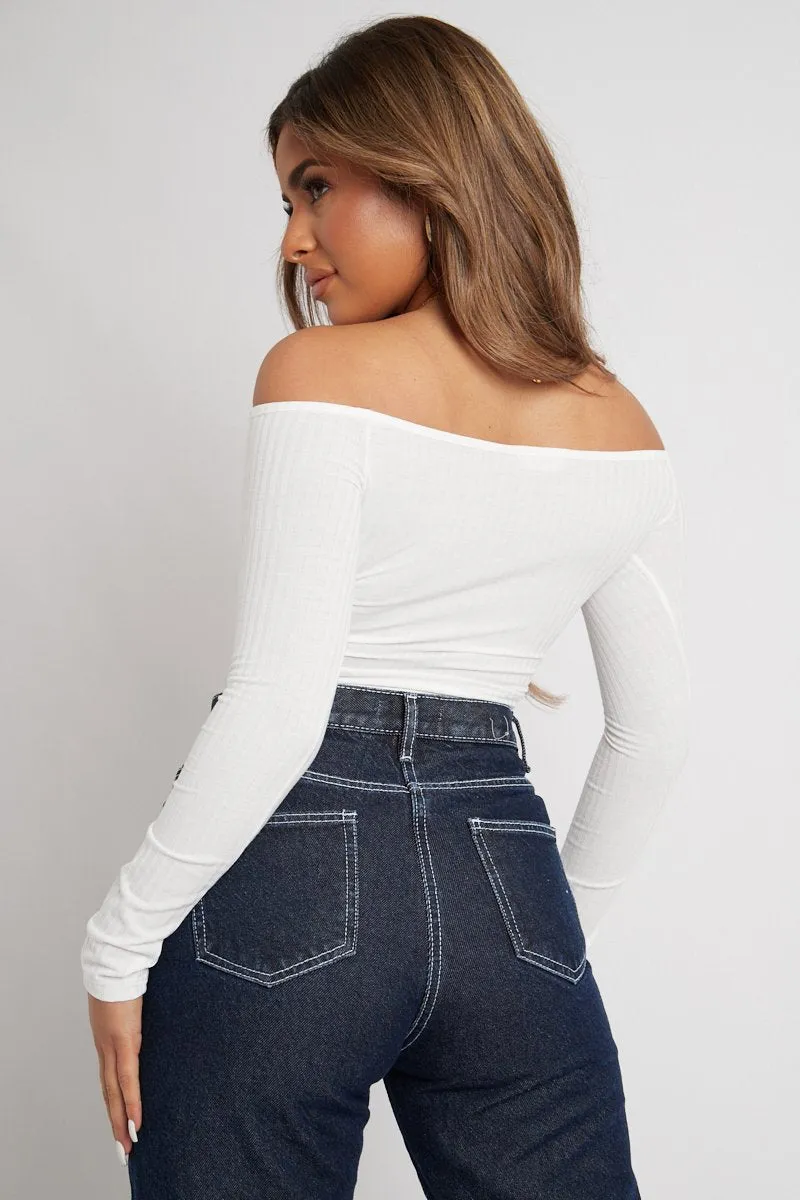 White Off the Shoulder Long Sleeve Ruched Crop Top - Kali