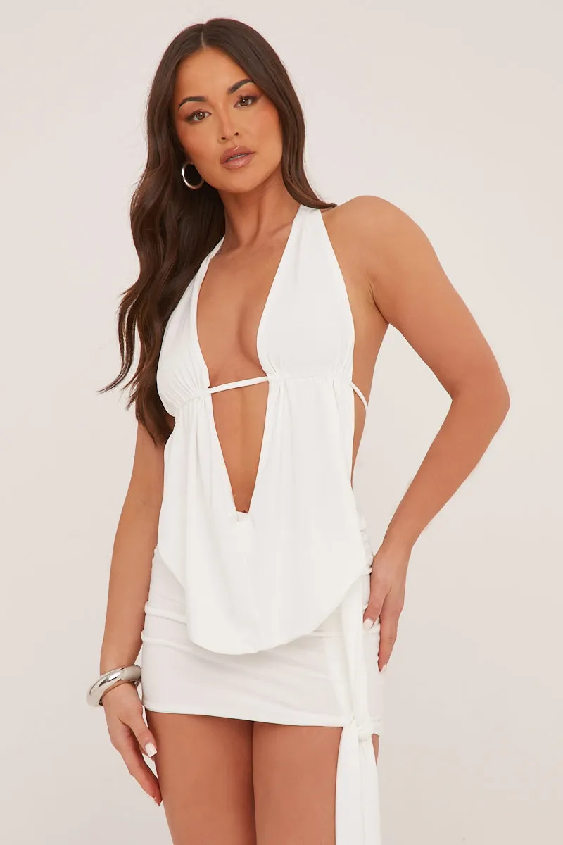 White Plunge Neck Cowl Detail Top & Mini Skirt Co-ord Set - Lama