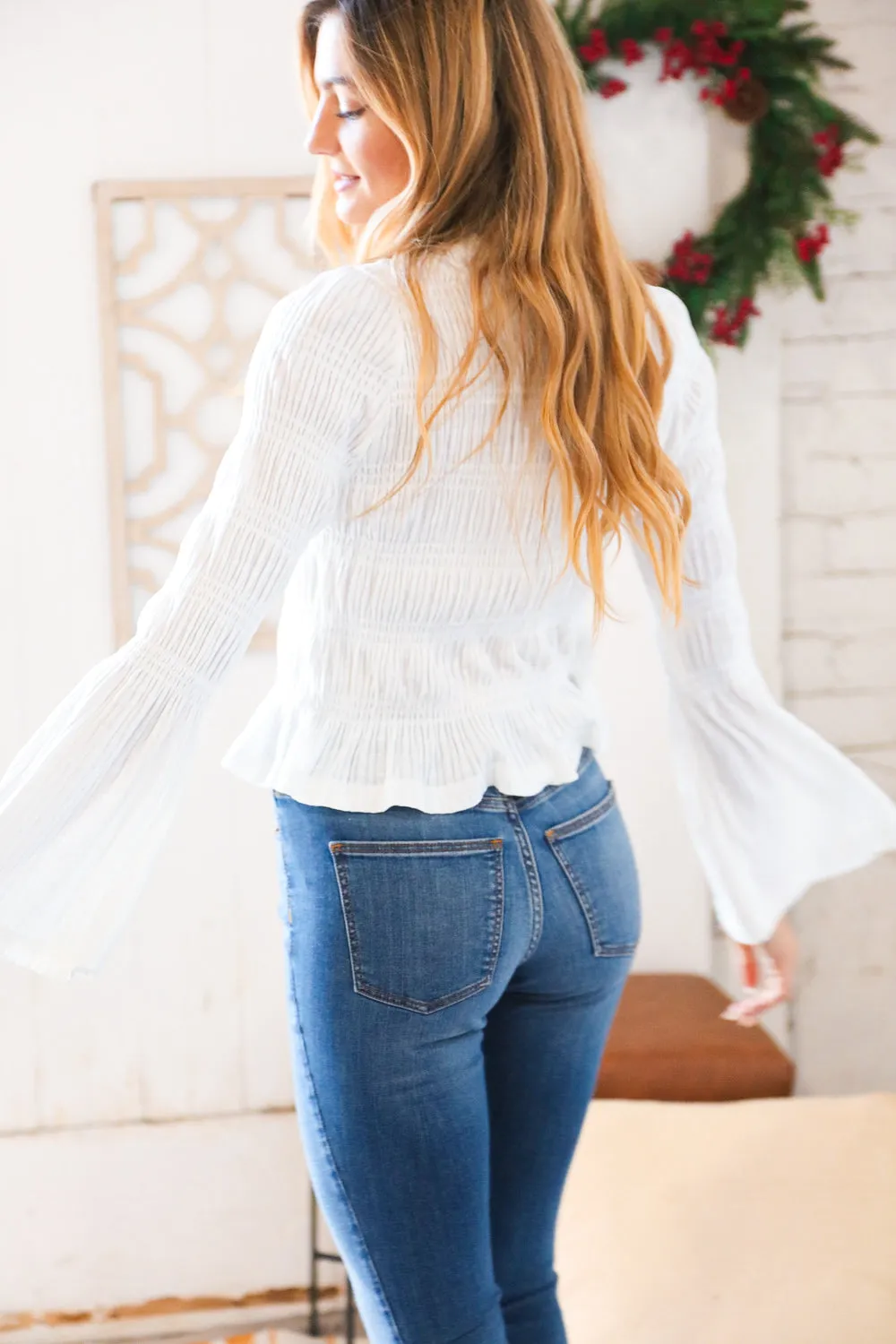 White Pointelle Smocked Bell Sleeve Holiday Top