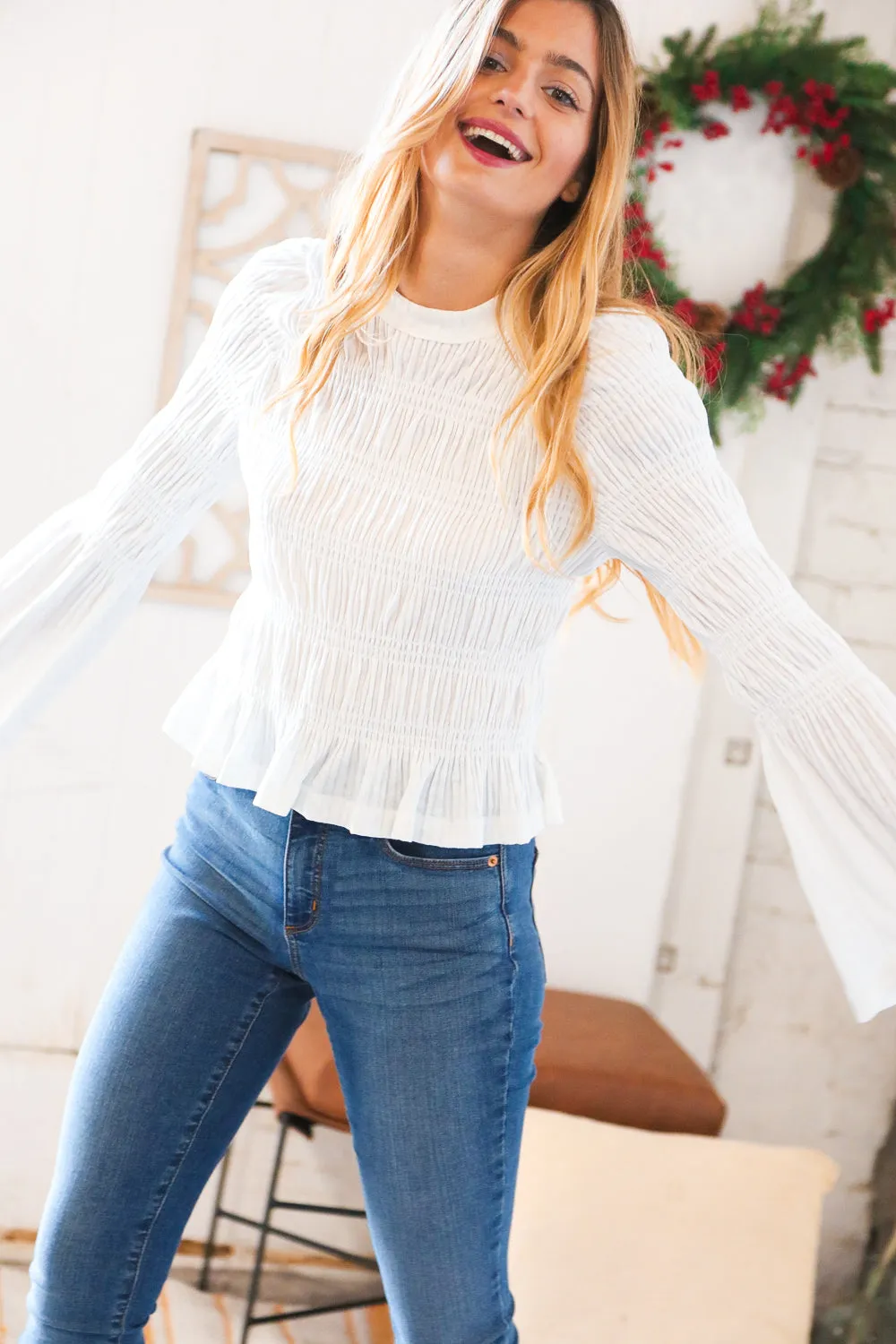 White Pointelle Smocked Bell Sleeve Holiday Top