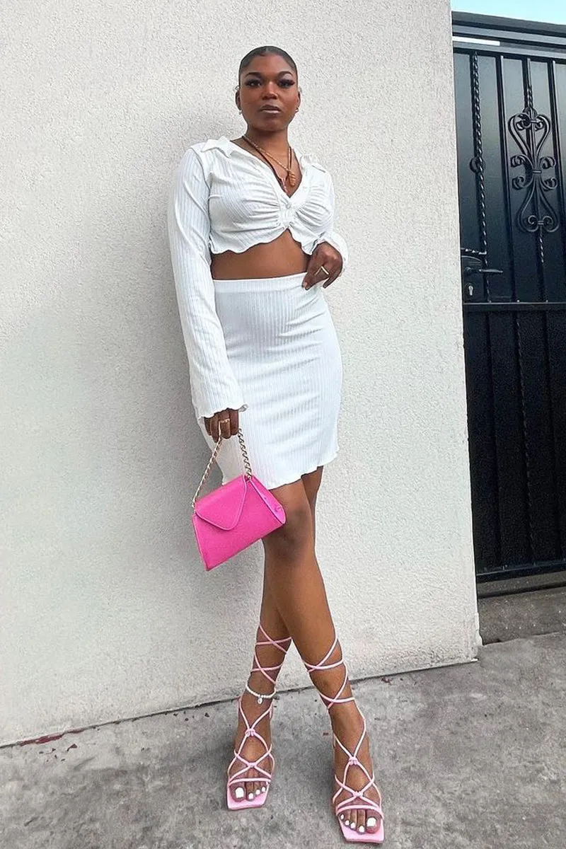 White Rib Button Up Crop Top & Mini Skirt Set - Neha