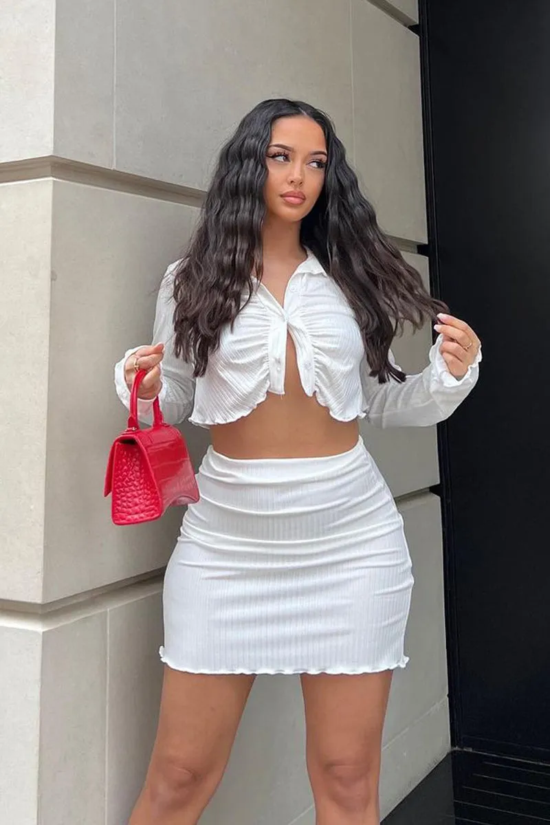 White Rib Button Up Crop Top & Mini Skirt Set - Neha