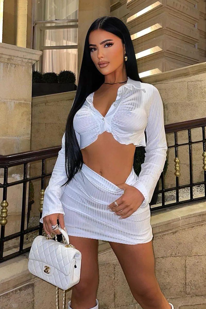 White Rib Button Up Crop Top & Mini Skirt Set - Neha