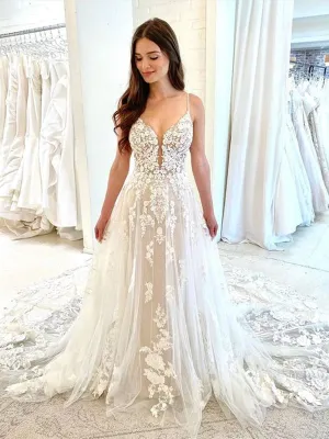 White Tulle V Neck Lace Floral Long Wedding, White Lace Prom, White Formal Evening