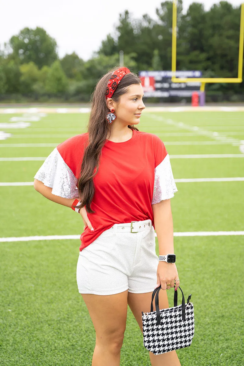 Winning Season Crimson and White Sequin Sleeve Shirt