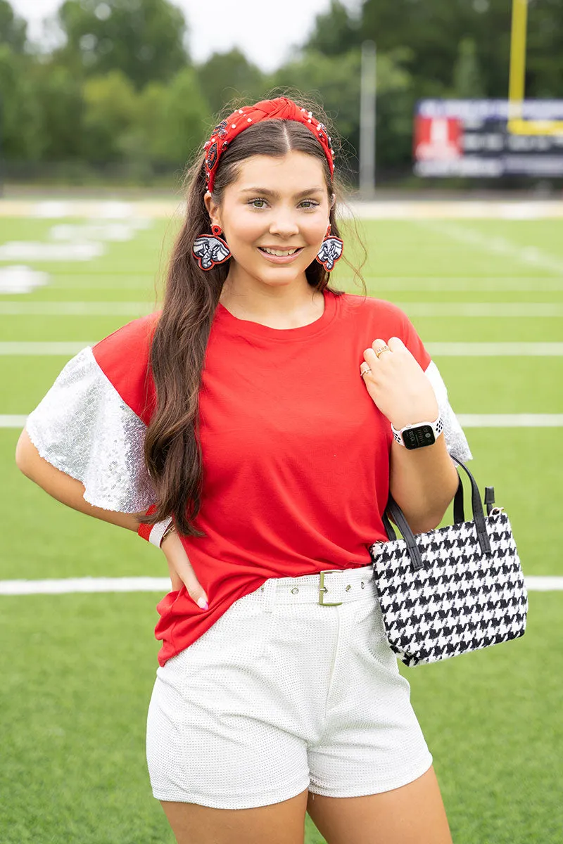 Winning Season Crimson and White Sequin Sleeve Shirt