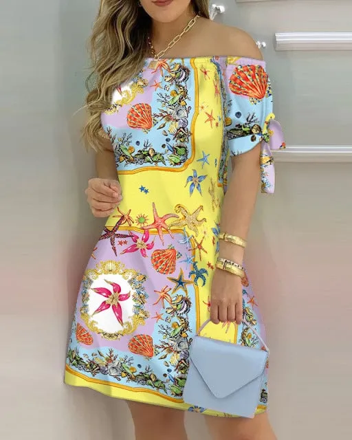 Women Off Shoulder Summer Mini Dress Sexy Short Sleeve Bow Tie Striped Plaid Floral Print