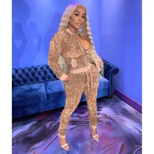 Women Rosegold Sequin Two Piece Crop Top Long Sleeve Jacket and Pant