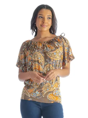 Womens Brown Paisley Short Sleeve Split Shoulder Top