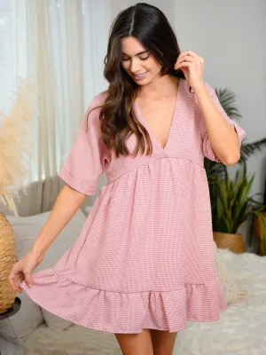 WOMEN'S FLATTERING V-NECK CUFFED SHORT SLEEVE EMPIRE WAIST PLAID DRESS