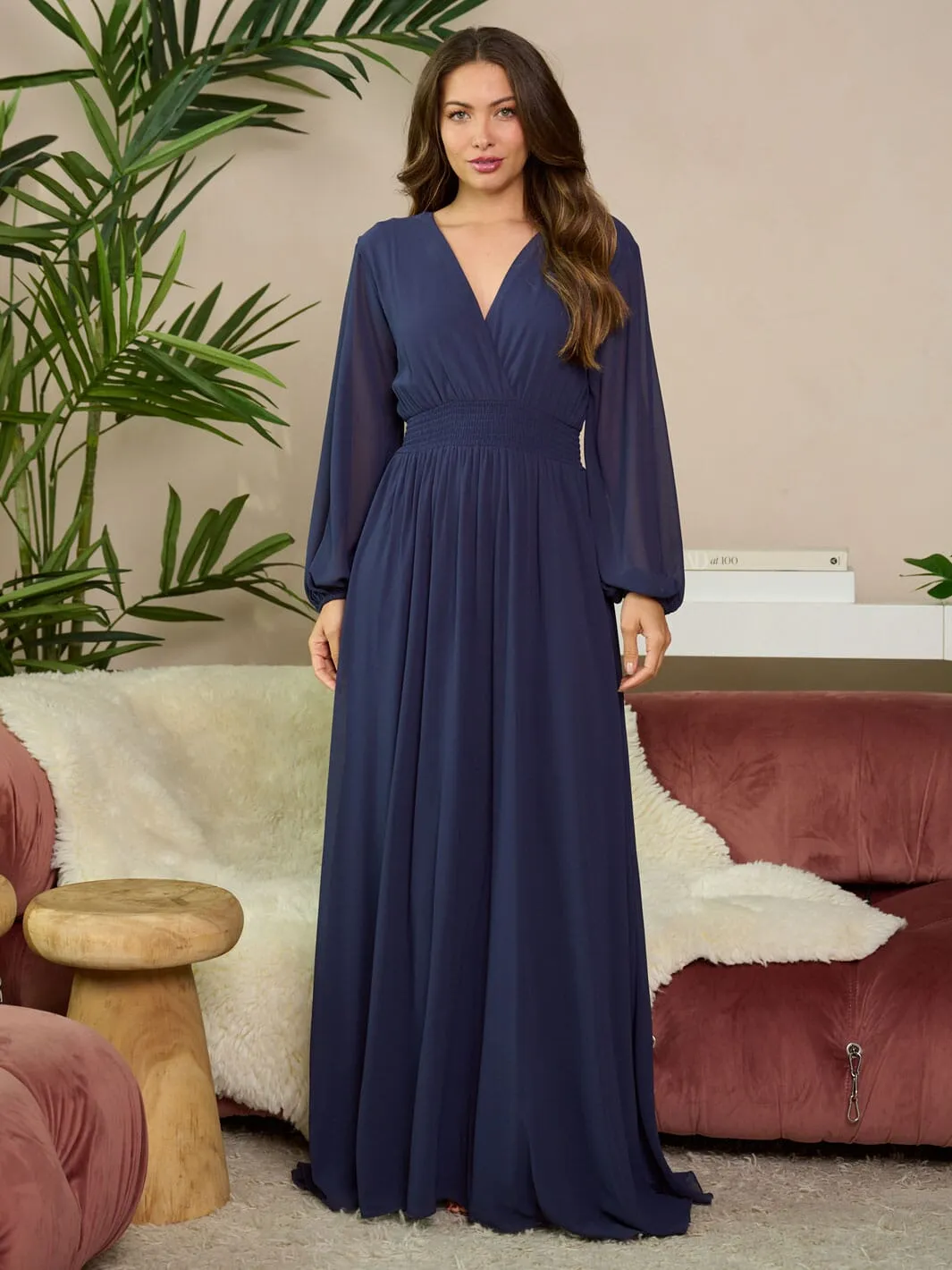 WOMEN'S LONG SLEEVE SURPLICE SMOCK WAIST MAXI DRESS
