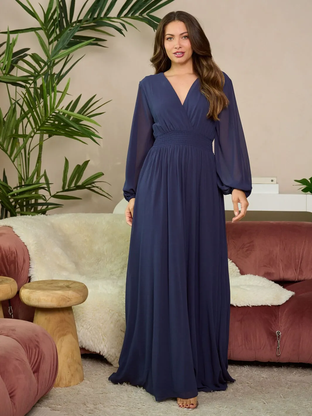 WOMEN'S LONG SLEEVE SURPLICE SMOCK WAIST MAXI DRESS