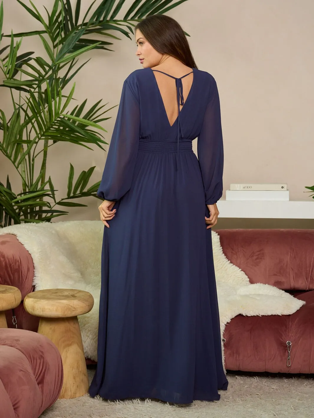 WOMEN'S LONG SLEEVE SURPLICE SMOCK WAIST MAXI DRESS