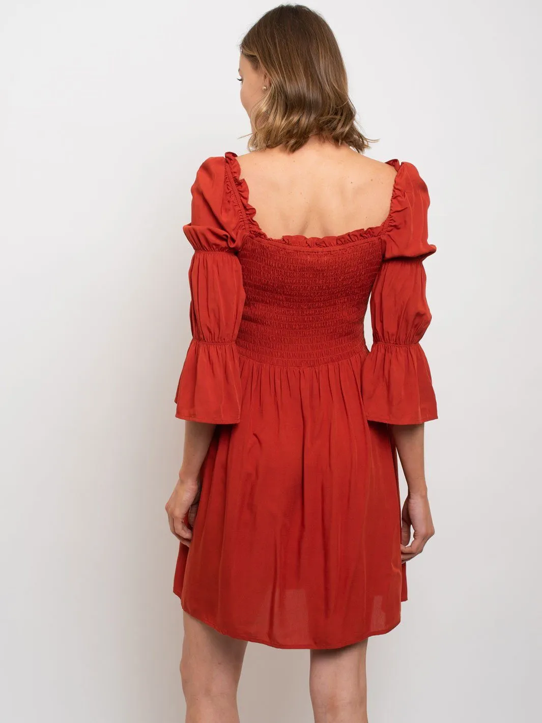 WOMEN'S SEMI OFF SHOULDER SMOCKING TOP MINI DRESS